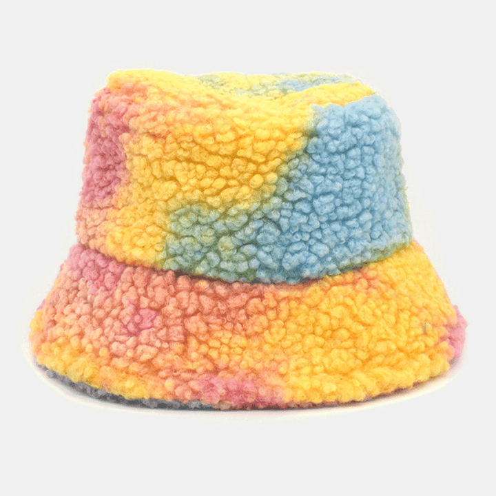 Women Tie-Dye Mix Color Lamb Hair Warm Casual Cute Bucket Hat - MRSLM