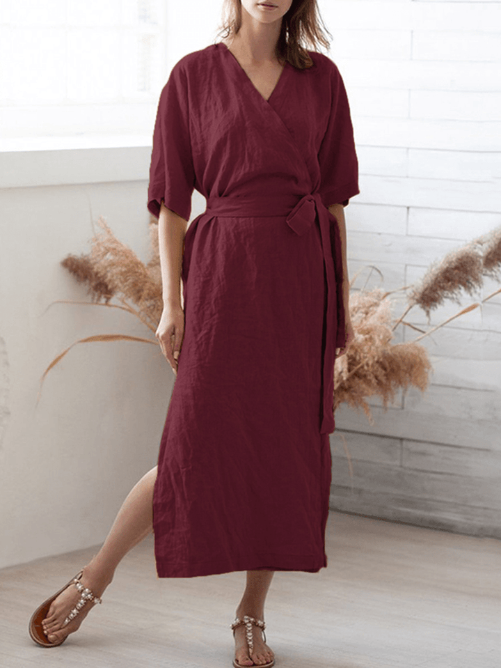 Women Casual Loose Cotton Pure Color Half Sleeve Dress - MRSLM