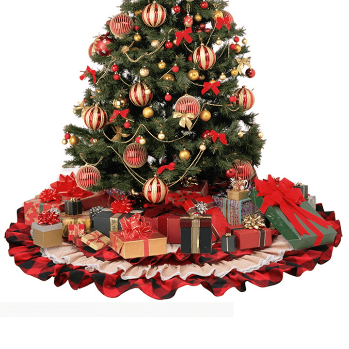 2020 Christmas Tree Skirts Red Cake Plaid Lace Carpet round Linen Apron New Year Blanket Home Parties Decoration