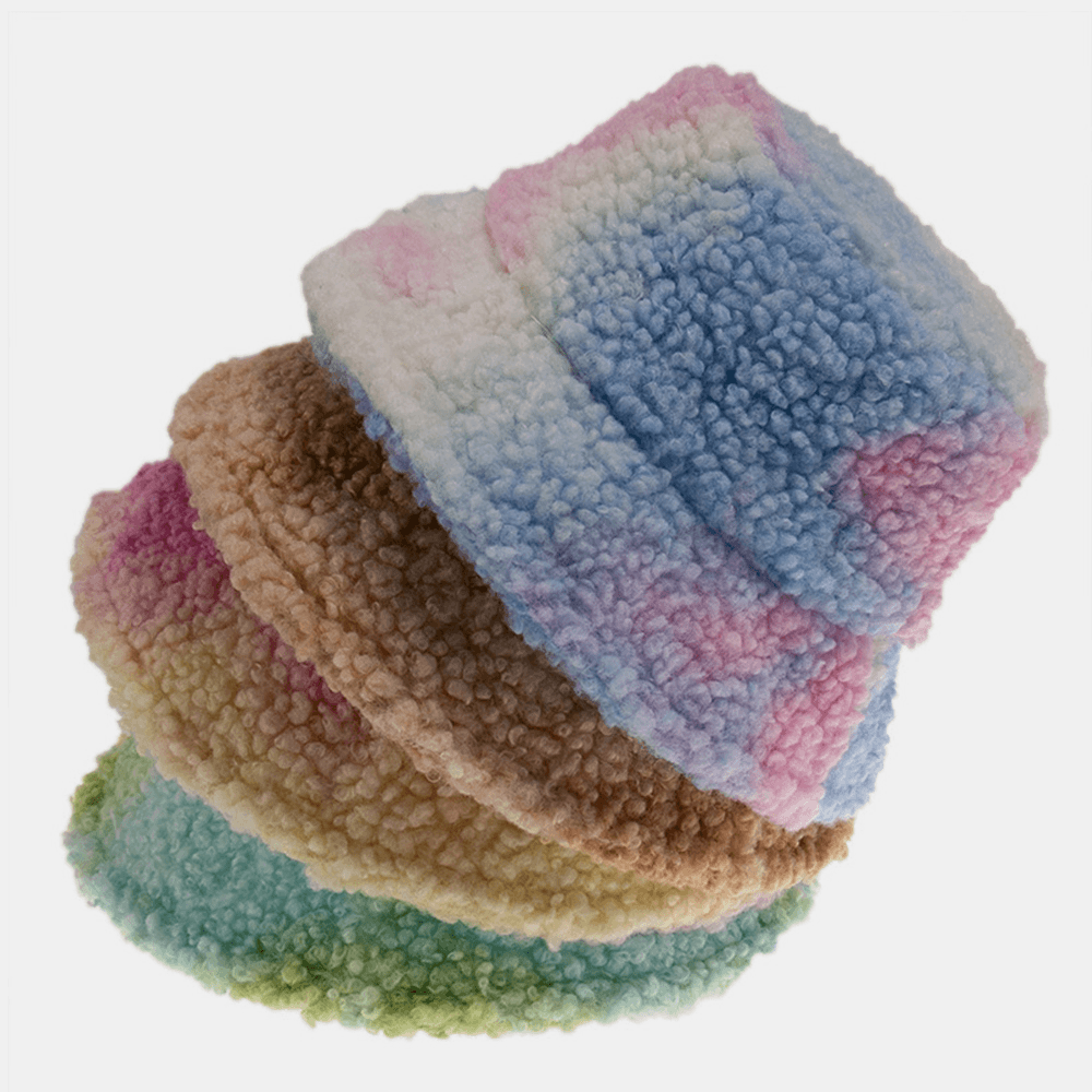 Unisex Felt Lamb Hair Tie-Dye plus Thicken Warm Windproof Soft Bucket Hat