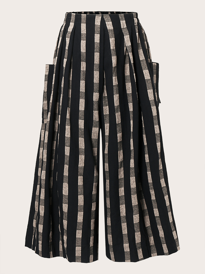 Women Plaid Striped Print plus Size Side Pocket Loose Pants