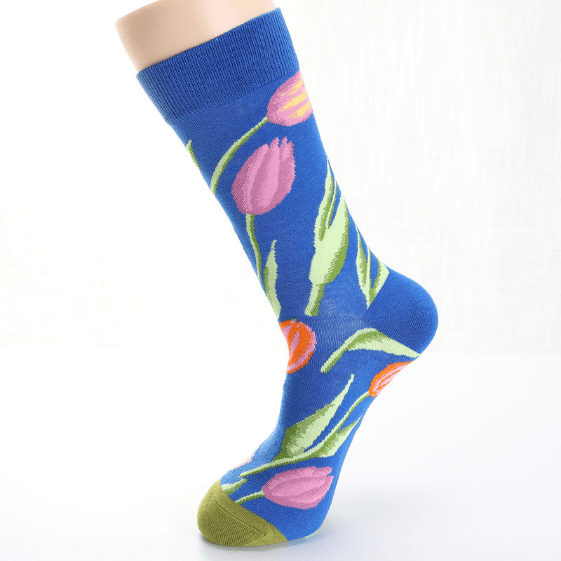 Men Dove Tulips Birds and Flowers Illustration Fashion Socks