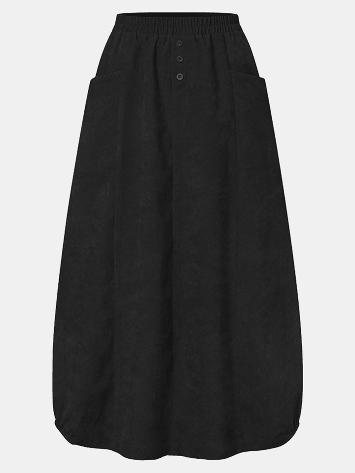 Women Corduroy Button Trim Elastic Waist Solid Retro Skirt with Pocket - MRSLM