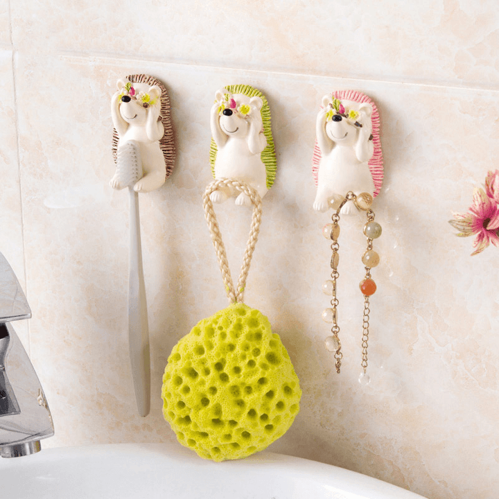 Honana Resin Shy Hedgehog Toothbrush Suction Holder Wall Mount Plug Socket Organizer Sundry Key Hook Wall Hanger