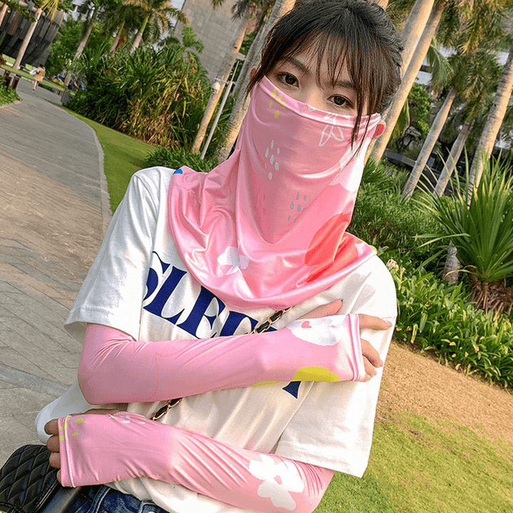 Women Sunscreen Outdoor UV Protection Ice Silk Sleeve Arm Guard Cover Face Ear Hanging Breathable Veil Mask