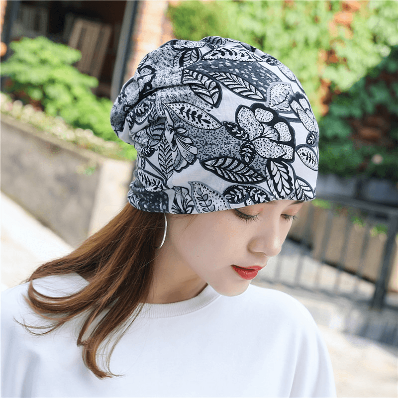 Women Cotton Floral Leaf Printing Pattern Casual Outdoor Dual-Use Neck Protection Brimless Beanie