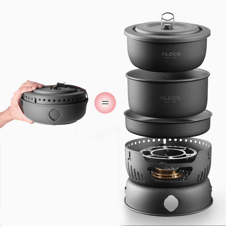 ALOCS CW-C05 10Pcs/Set 2-4 Person Outdoor Cookware Camping Alcohol Cooking Stove Cook Set for Camping Hiking Picnic Stove with Gripper Pot