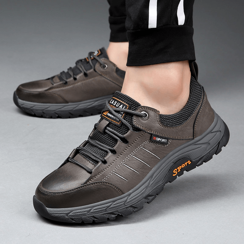 Men Cowhide Leather Breathable Soft Sole Waterproof Non Slip Outdoor Casual Sports Shoes