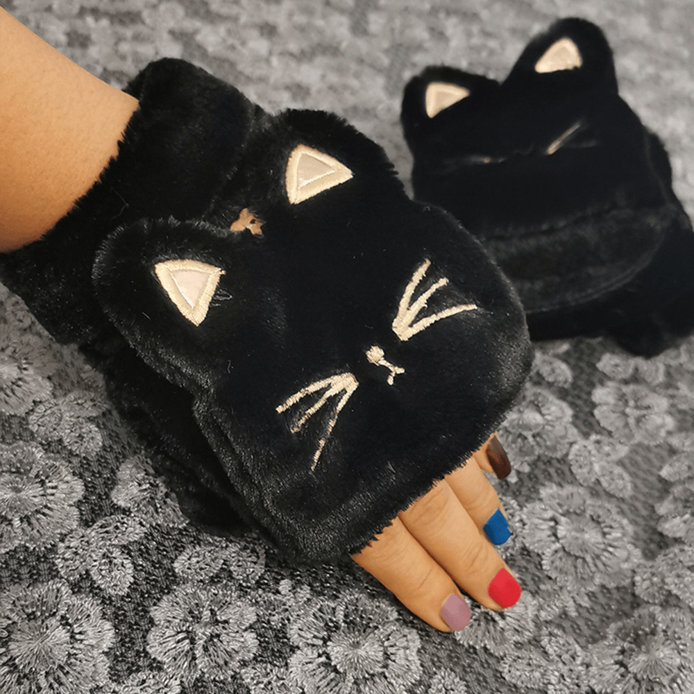 Women Plush plus Thicken Cute Cartoon Cat Pattern Keep Warm Half-Finger Gloves