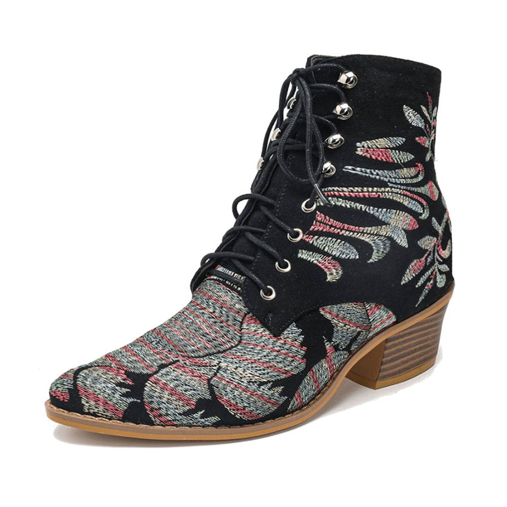 Women Pointed Toe Embroideried Lace up Block Boots - MRSLM