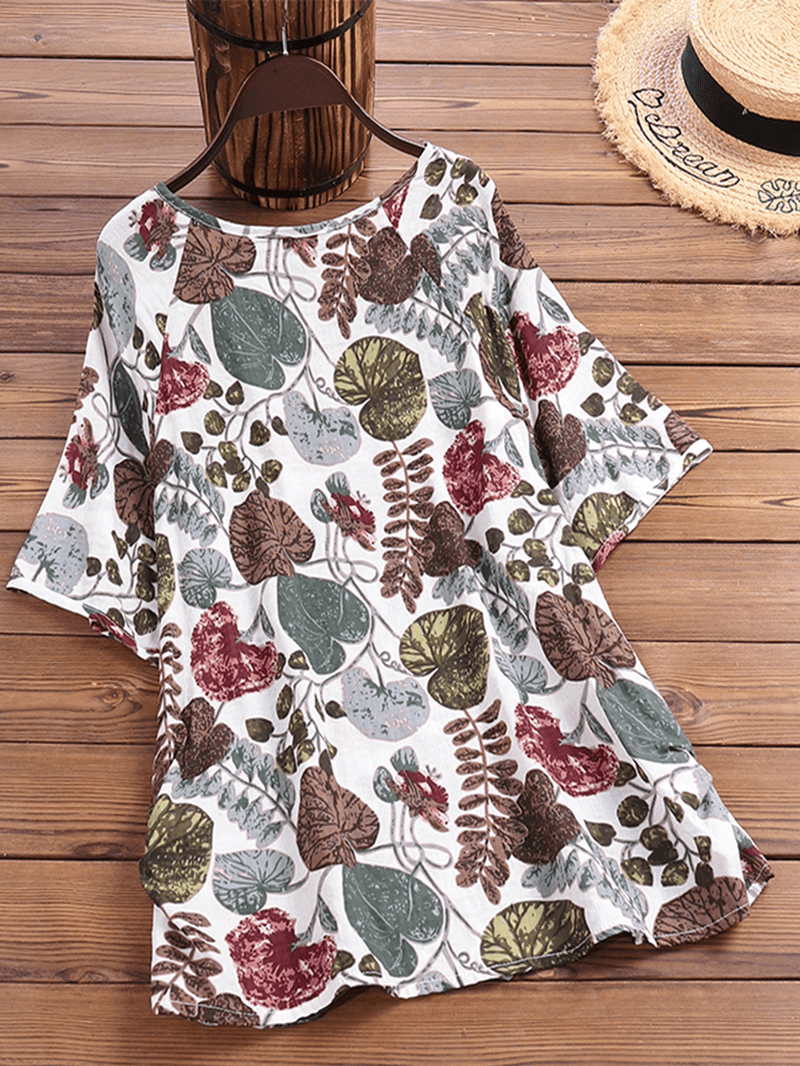 Women Plant Leaf Print round Neck Casual Relaxed Half Sleeve Blouses