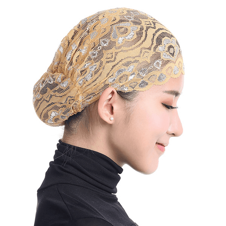 Women Shiny Lace Head Coverings Headscarf Hat Islamic Headwear Cap Scarf Hijab Undercaps