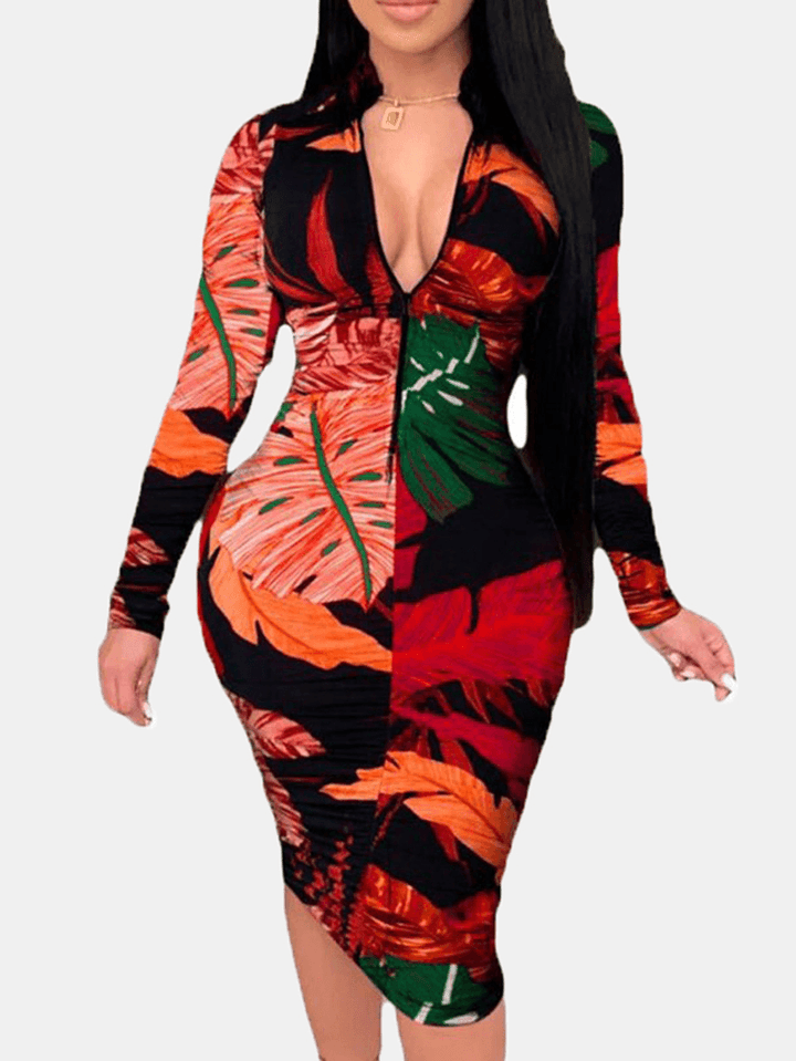 Women Plant Leaves Print Long Sleeve Zipper Elegant Midi Dress