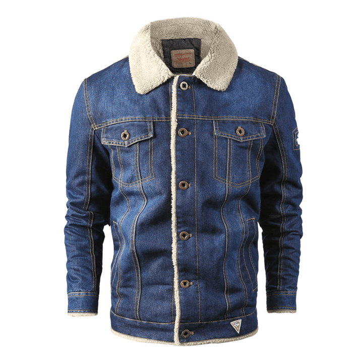 Mens Thick Warm Fleece Turn down Collar Winter Denim Jacket