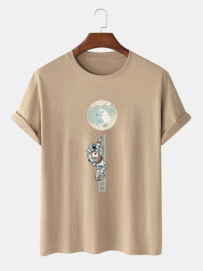 Mens 100% Cotton Funny Astronaut Print Short Sleeve Casual T-Shirts