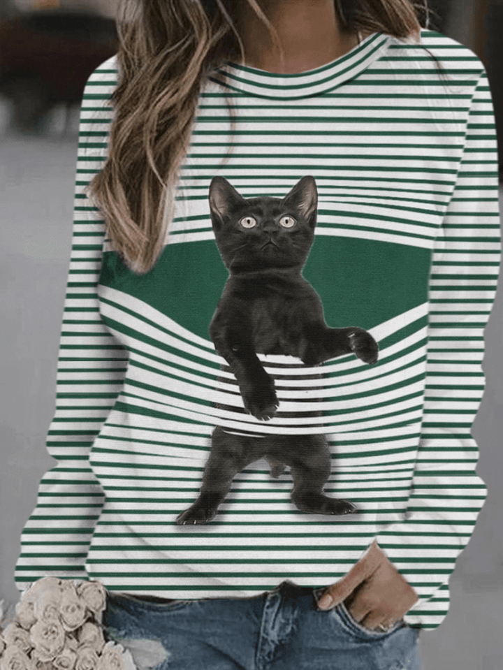 Women Cute Cartoon Cat Stripe Print round Neck Casual Long Sleeve Sweatshirts