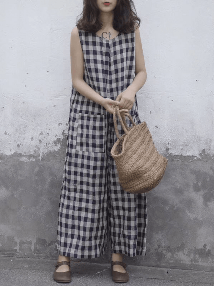 Women Sleeveless Plaid Loose Wide Leg Jumpsuit