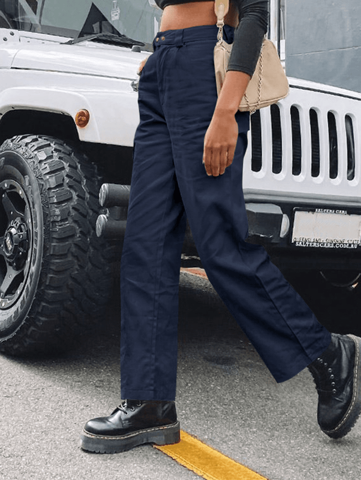 Women Solid Color Mid Waist Casual Straight Cargo Pants with Pockets