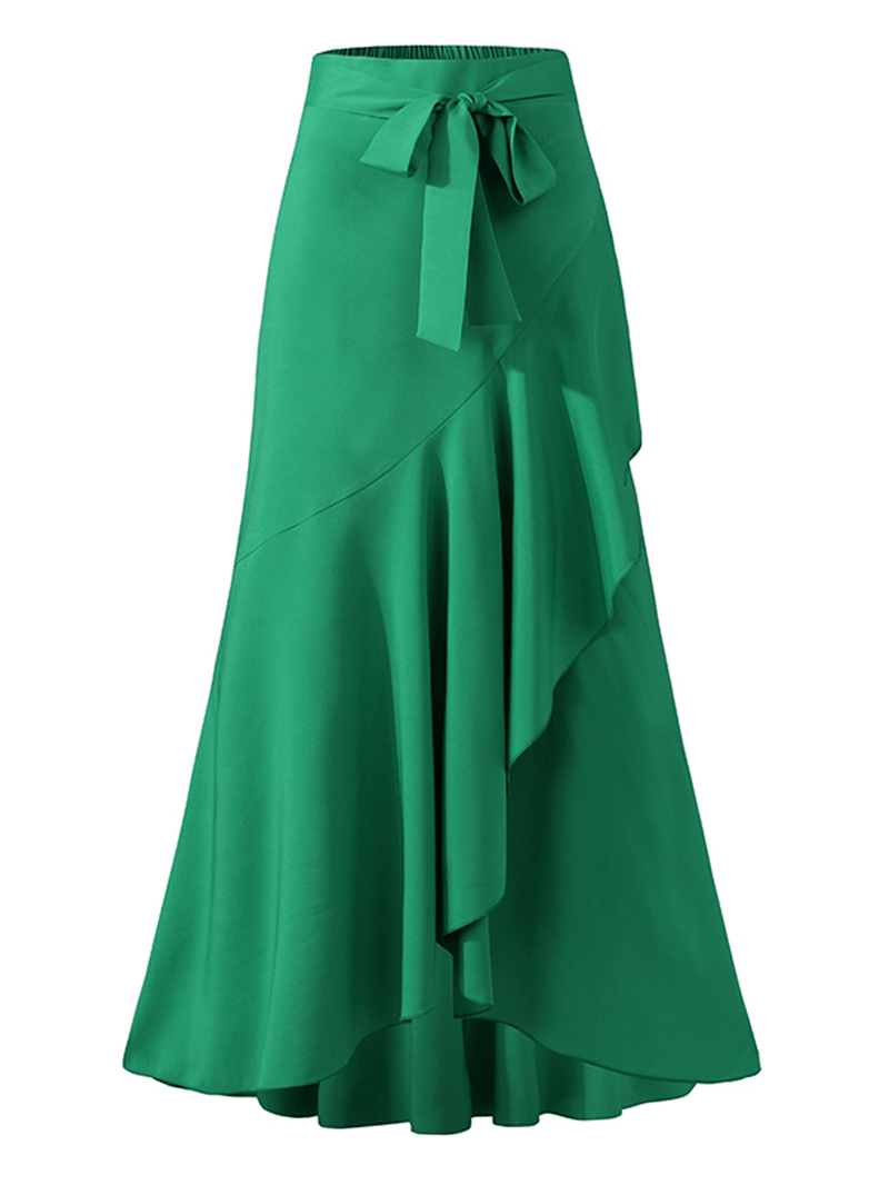 Women's Solid Color High Waist Ruffle High Low Hem Swing Maxi Skirts for Fashionable Style