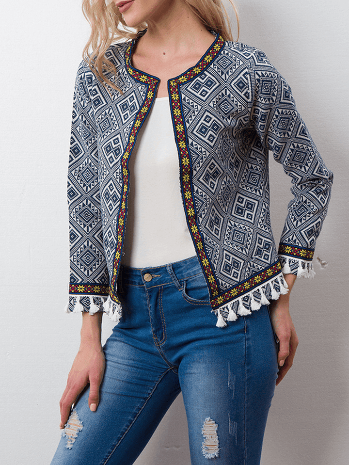 Ethnic Print Tassel Long Sleeve Coats