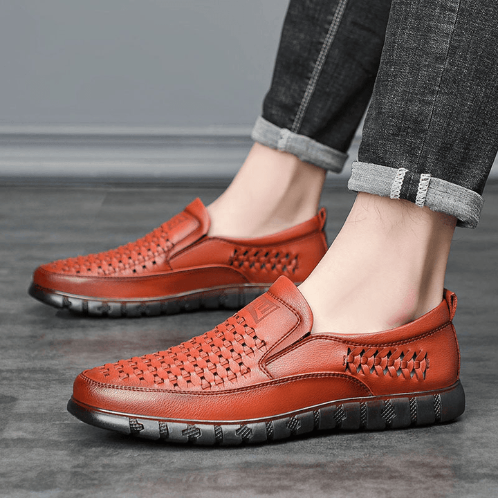 Men Microfiber Breathable Hollow Out Woven Soft Sole Comfy Slip on Casual Shoes