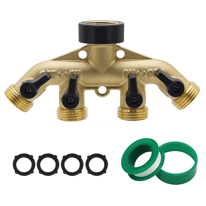 4 Way Heavy Duty Brass Garden Hose Splitter 3/4" Hose Connector 4 Valves Hose Spigot Adapter