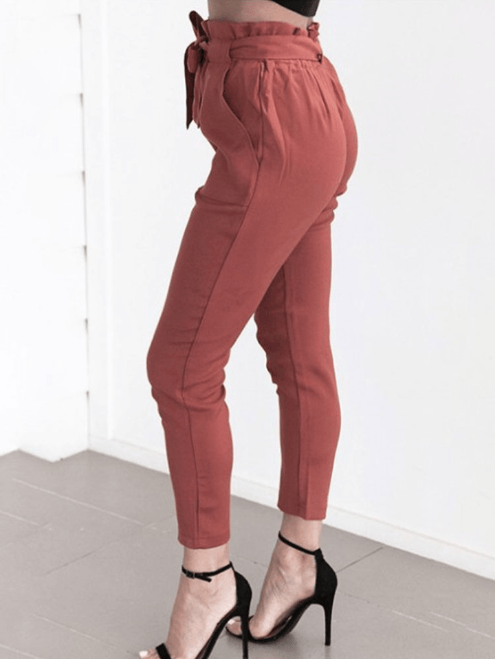 Solid Color Ruffle Knotted Pocket Casual Cropped Pants for Women