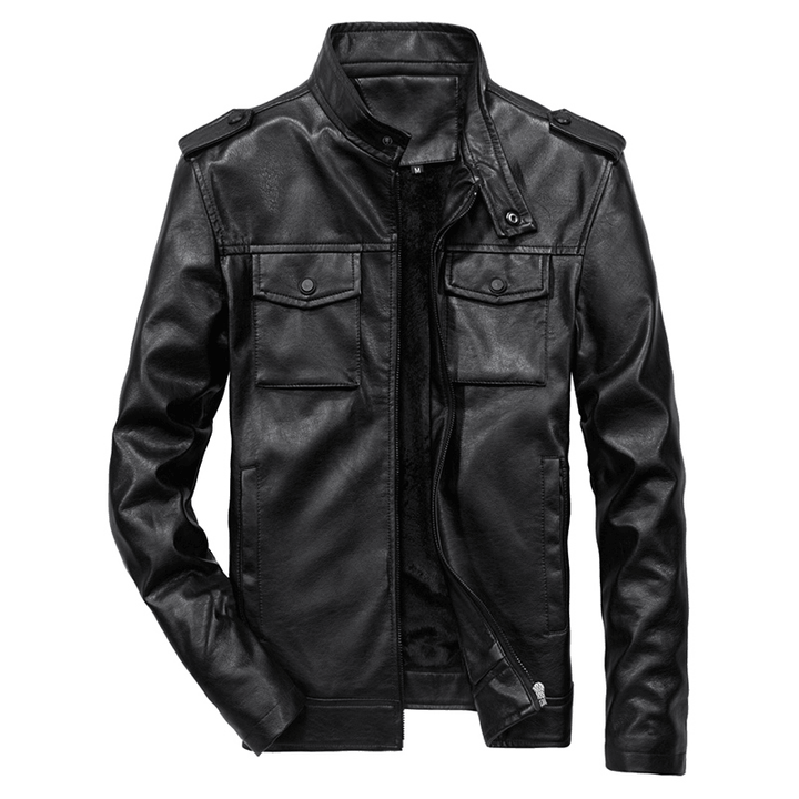 Mens Multi-Pocket Faux Leather Stand Collar Jacket