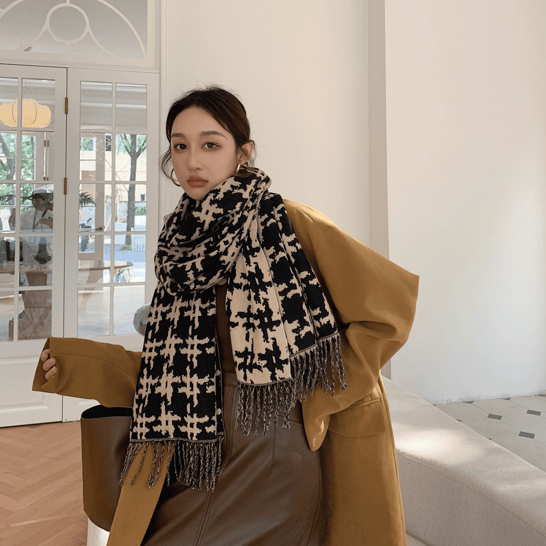 Long Fringed Thick Houndstooth Large Shawl Women 2021 Long Temperament Warmth Scarf