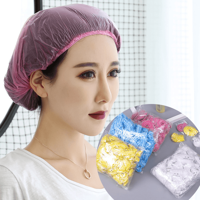 100Pcs Individual Package Disposable PE Bath Shower Caps Waterproof Dustproof Shower Bag Bath Protective Strip Caps for Spa Hair Salon