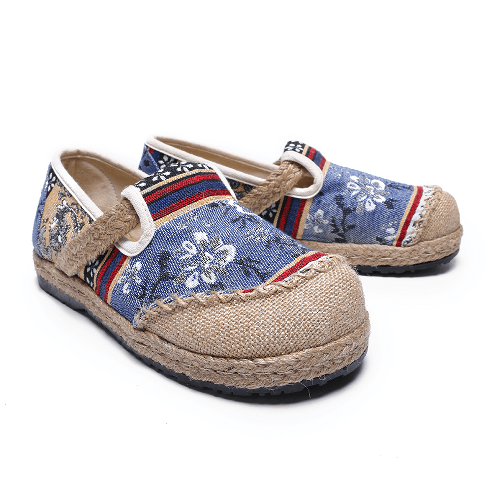 Women Linen Old Peking Printing Stricing Slip on Loafers