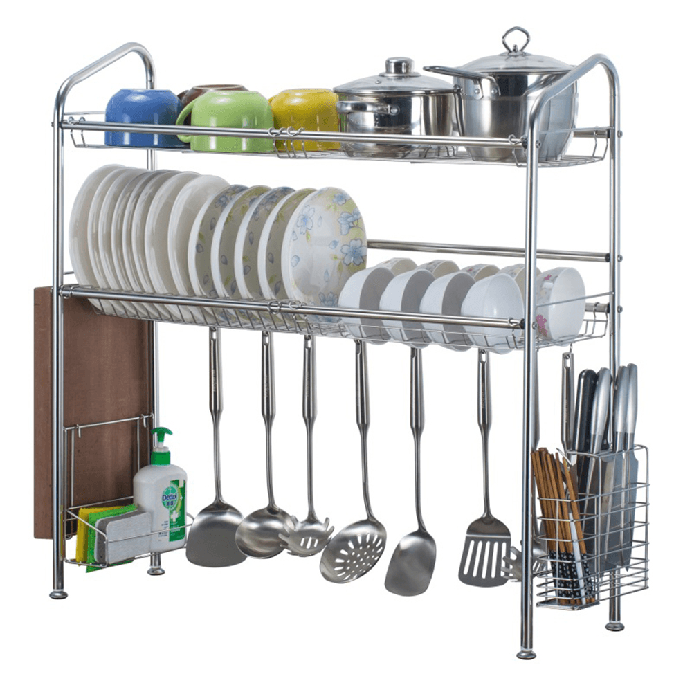 1/2 Layer Tier Stainless Steel Dish Drainer Cutlery Holder Rack Drip Tray Kitchen Tool for Single Sink