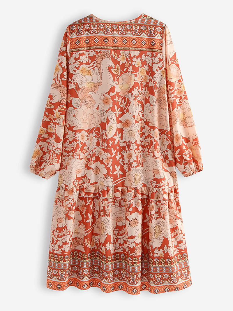 Bohemian Floral Print Patch V-Neck Loose Casual Dress