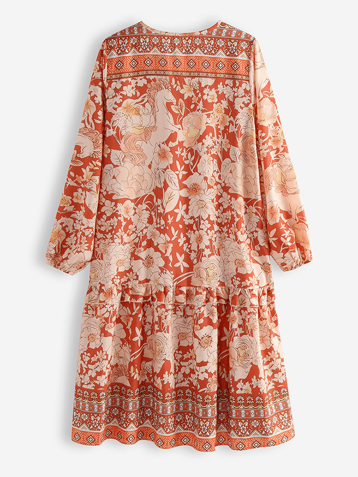 Bohemian Floral Print Patch V-Neck Loose Casual Dress