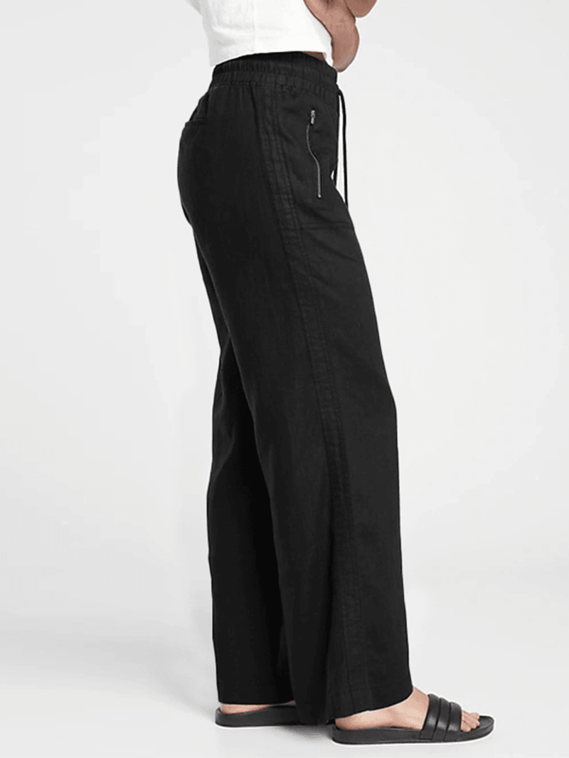 Solid Color Elastic Waist Side Pocket Simple Casual Wide Leg Pants for Women