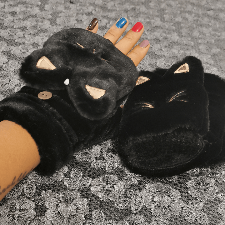 Women Plush plus Thicken Cute Cartoon Cat Pattern Keep Warm Half-Finger Gloves