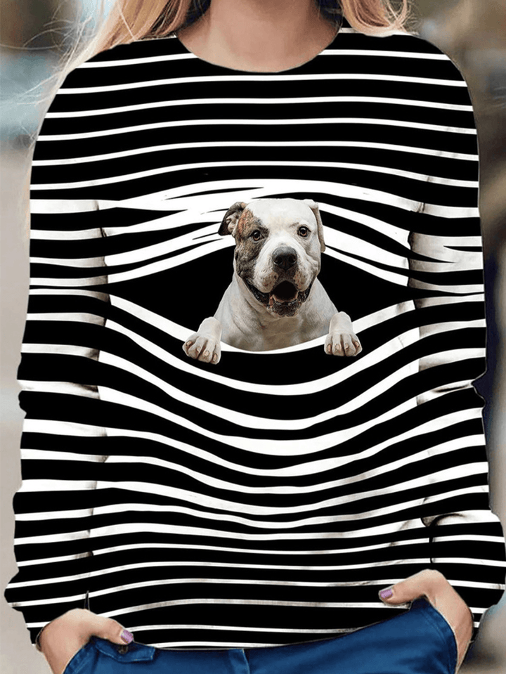 Women 3D Dog & Stripe Print O-Neck Pullover Casual Sweatshirts