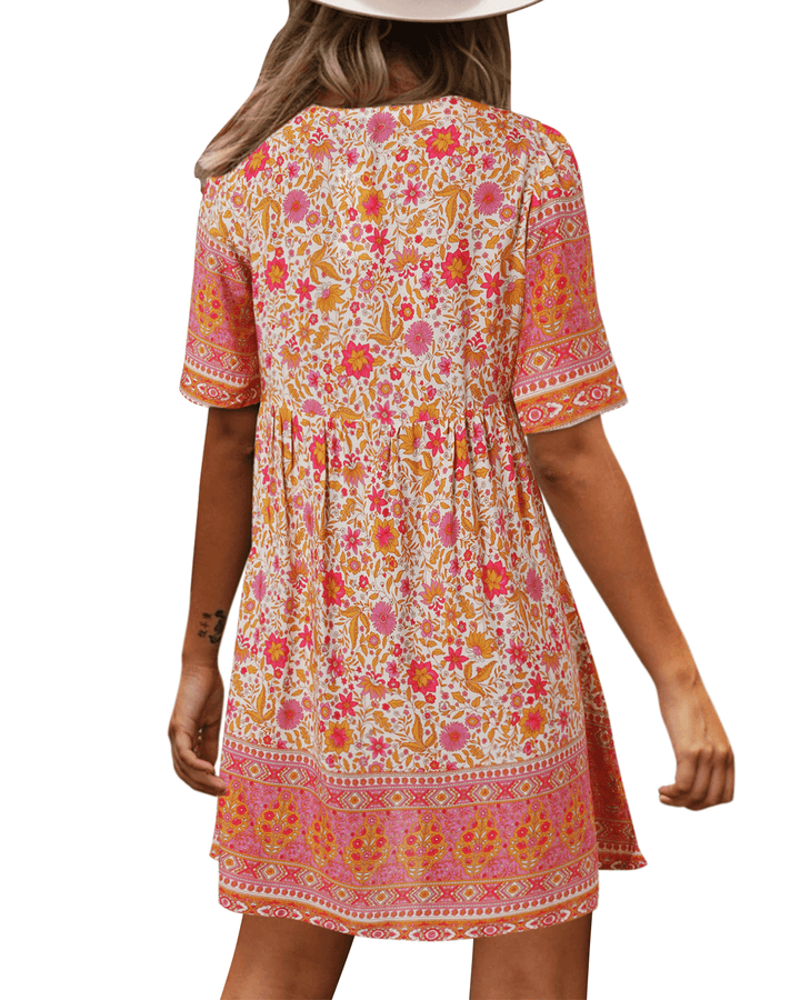 Bohemian Floral Print V-Neck Short Sleeve Mini Dress