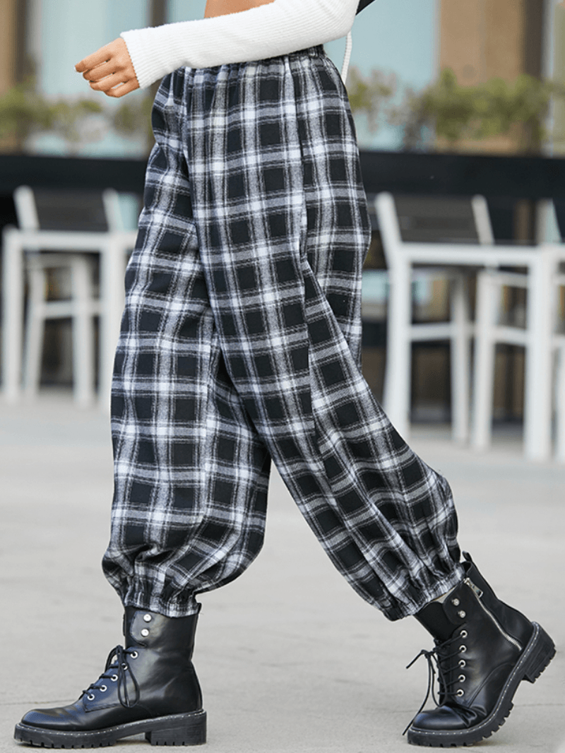 Women Plaid Print Elastic Waist Loose Stylish Beam Feet Pants Harem Pants with Pockets