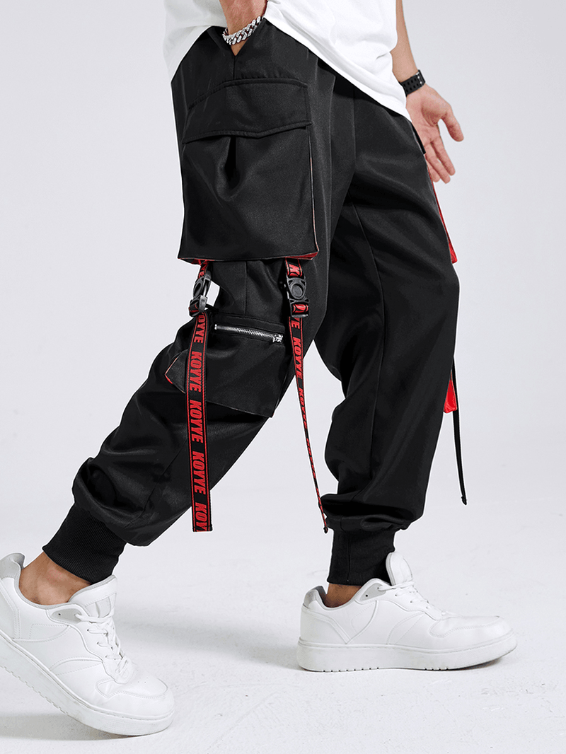 Mens Letter Tape Multi Pockets Fashion Pants