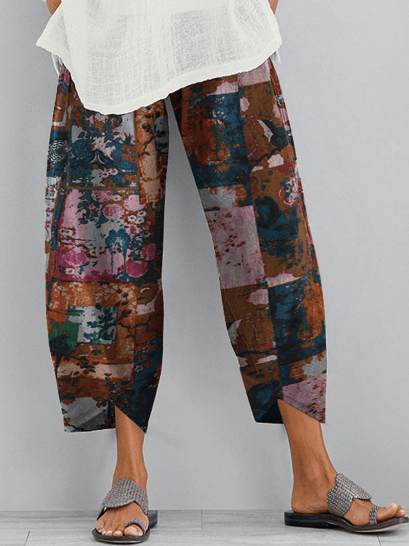 Floral Print Elastic Wasit Loose Irregular Hem Pocket Pants for Women