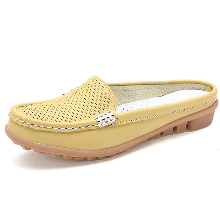 US Size 5-10 New Women Casual Fashion Breathable round Toe Slip-On Leather Flat Sandals Shoes - MRSLM