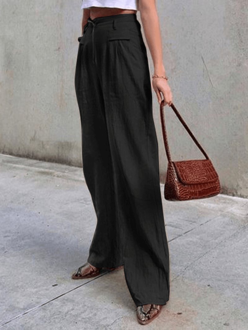 Women Zipper High Waist Wide Leg Pants Solid Color Casual Trousers with Pocket