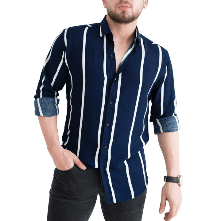 Men'S Printed Striped Lapel Business Casual Shirt