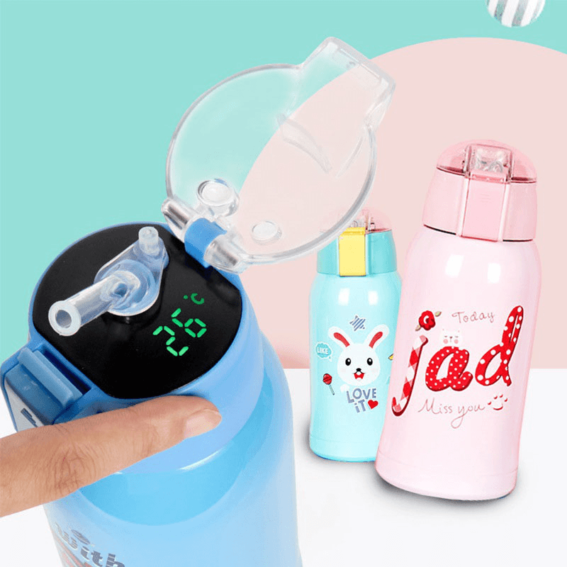 500Ml Cartoon Smart Temperature Display Thermos Vacuum Flask Cup Mug Portable Pressing Straw Style Water Bottle Keep Warm Cold 24Hours for Baby - MRSLM