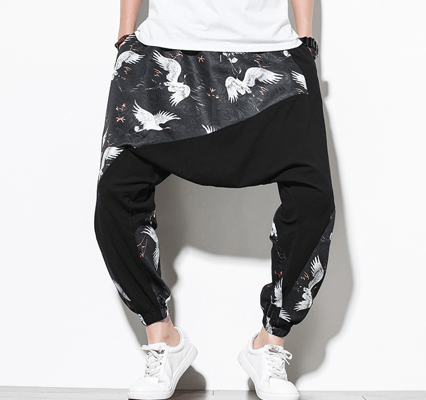 Chinese Style Crane Print Big Crotch Cotton and Linen Casual Pants