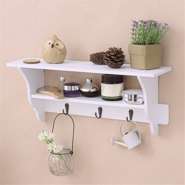 2 Tier Wall Mount Shelf Ornament Sundries Storage Holder Organizer Rack Hooks