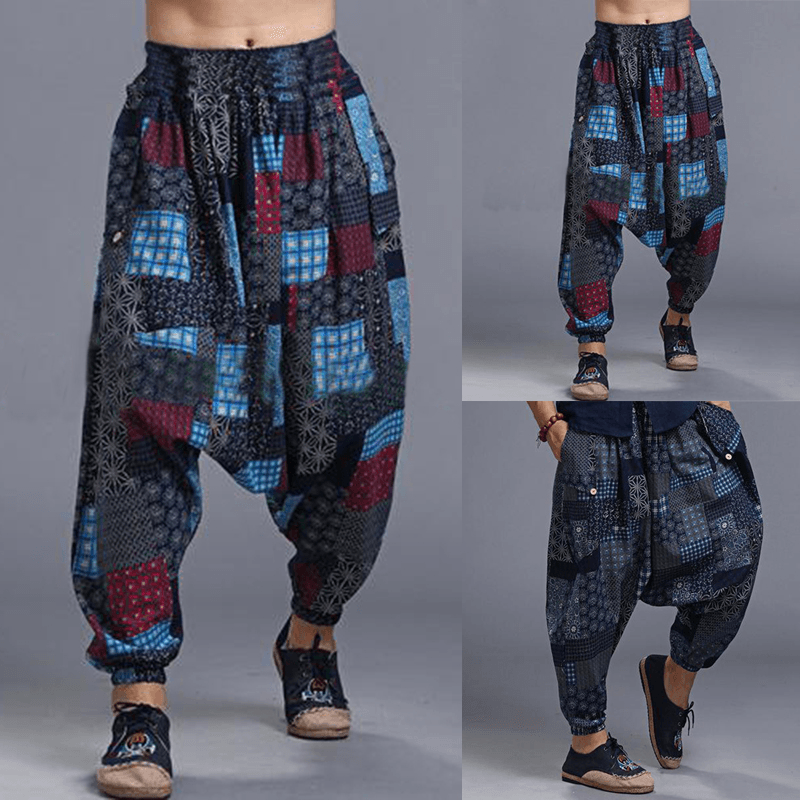 Mens Ethnic Drop Crotch Harem Pants Baggy Trousers Dance Yoga Thai Bottom