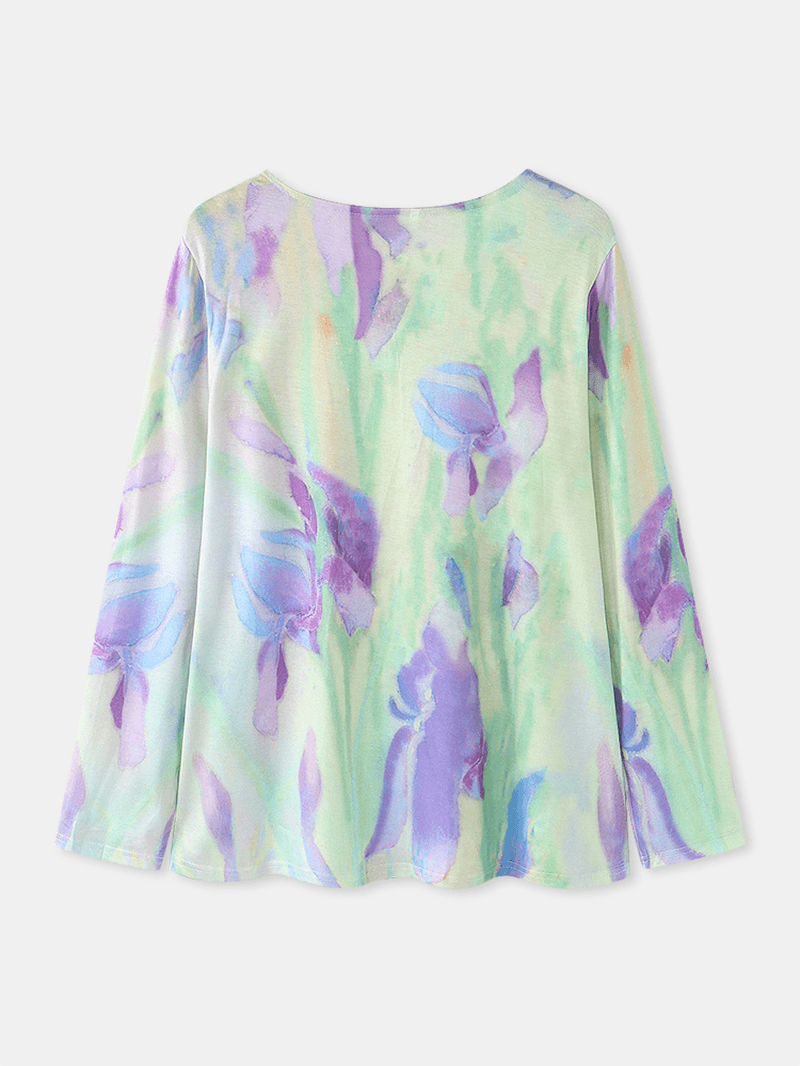 Women Multi-Color Floral Butterflies Print V-Neck Long Sleeve Casual Blouse