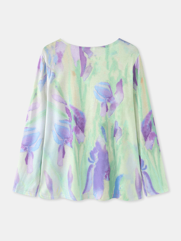 Women Multi-Color Floral Butterflies Print V-Neck Long Sleeve Casual Blouse